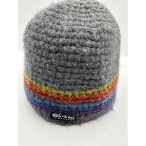 Everest Designs 100% Wool Beanie Hat Gray Rainbow Stripe Handmade in Nepal